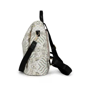 Side view of white retro wave print backpack with black leather handle and gold hardware