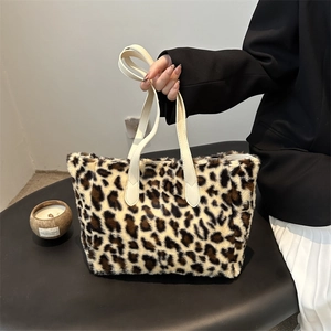 Women's Fashion Leopard Print Plush Tote Bag Faux Fur Large Capacity Shoulder Bag Casual School Commuting Handbag