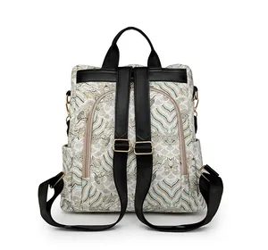 Detailed back view of a white printed backpack with adjustable black straps and side pockets