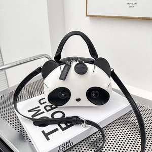 Sac à Bandoulière pour Femmes en Forme de Panda Mignon en Cuir PU Dessin Animé Couleur Contrastée Avec Poignée et Sangle
