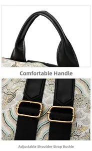 Detail of vintage embroidery backpack with leather handle and adjustable metal buckle