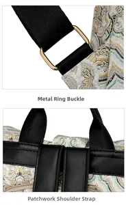 Detailed view of vintage jacquard fabric with gold metal hardware and stitched straps