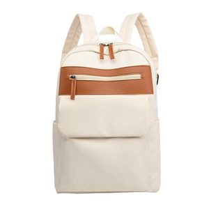 Minimalist beige oxford backpack with brown leather accents and multi-pocket design