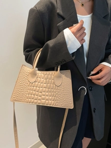 Chic beige crocodile texture tote bag for women with versatile shoulder strap