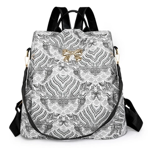 Women Retro Printed Backpack Fashion Golden Bow Large Capacity PU Leather Travel Bag Vintage Wave Pattern Anti-theft Daypack
