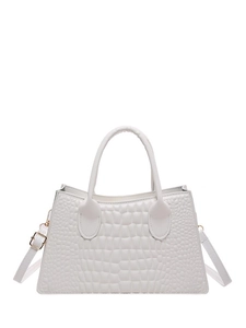 Elegant white crocodile embossed PU leather handbag with top handles and shoulder strap
