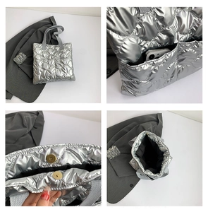 Detail views of silver quilted tote bag featuring magnetic buckle and side pocket storage