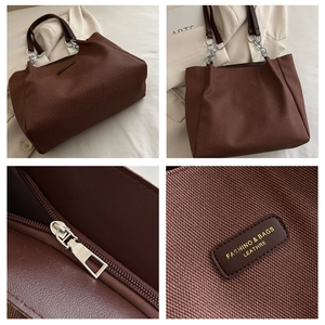 Collage of brown tote bag showing woven texture, zipper detail and leather handles