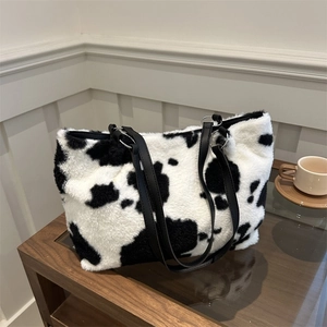 Borsa Tote da Donna in Pelliccia Sintetica con Stampa a Mucca Grande Capacità Morbida Borsa a Spalla per Inverno Grande Borsa a Mano