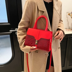 Elegant red crocodile pattern handbag for women, crossbody style with gold square lock