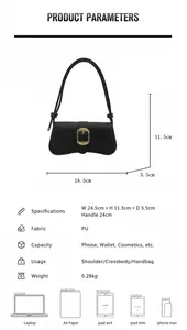 Tabla de tallas detallada para bolso de hombro PU negro con ancho de 24,5 cm y hebilla