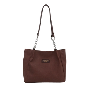 Dark brown tote bag with textured fabric and elegant chain leather strap for commuting