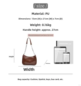 Detailed size specifications for the brown PU leather underarm bag with dimensions and scale