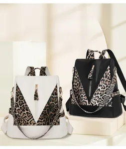 Close-up of leopard print patchwork and anti-theft zipper on stylish nylon backpacks