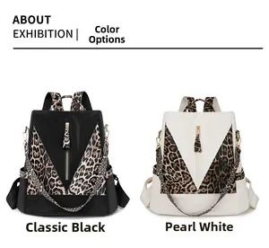Detailed comparison of black and white leather backpacks with leopard print accents