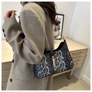 Close-up of leopard print underarm bag with gold metal buckle and chain shoulder strap