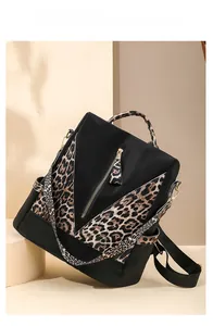 Detail of leopard print backpack with sleek metal zipper on stylish beige display
