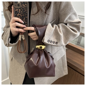 Detail of dark brown pleated bucket bag featuring a decorative gold metallic ring handle