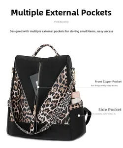 Detail view of the multi-pocket design on the leopard print leopard backpack
