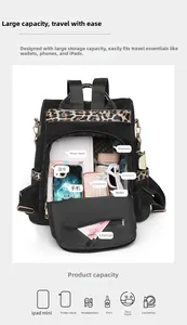 Top view of spacious leopard print backpack showing large interior storage for tablet