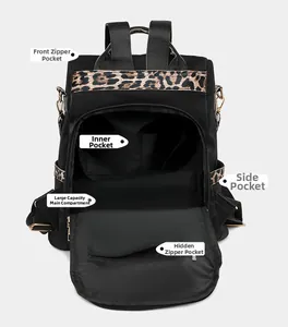 Detailed interior of leopard print backpack showing multiple pockets and large capacity