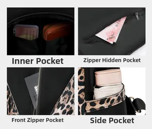 Detailed view of leopard print backpack storage showing multiple functional pockets