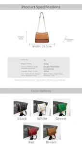 Size guide for crocodile pattern PU leather shoulder bag with gold chain strap