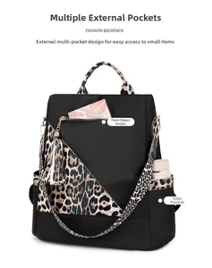Detailed view of the leopard print front pocket and tassel zipper on the black backpack