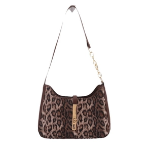 Leopard print underarm bag with gold chain strap and metallic buckle closure