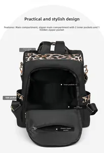 Detailed view of spacious backpack interior with multiple compartments and leopard print trim