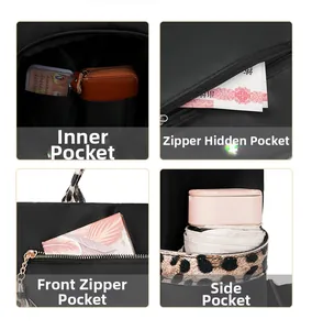 Detail view of four storage compartments including a leopard print side pocket and inner pockets