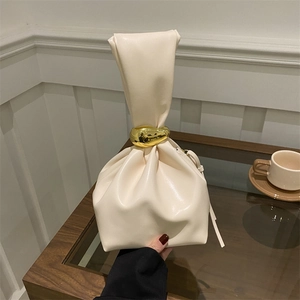 Women Retro Pleated PU Leather Bucket Bag With Gold Metal Ring Handle Vintage Minimalist Shoulder Handbag For Everyday