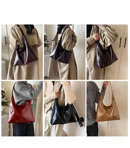 Collage of glossy hobo tote bags in various colors shown on a model in a minimalist room