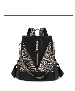 Detailed front view of the leopard print nylon backpack with decorative vertical zippers