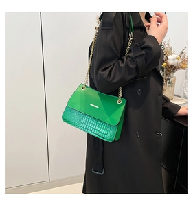 Detail of green chain bag with crocodile texture and gold hardware on black coat
