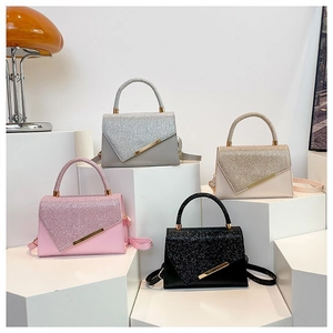 Women Glitter PU Shoulder Bag Stylish Small Square Handbag With Gold Metal Bar Elegant Commuter Underarm Crossbody Bag