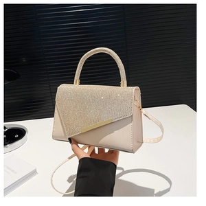 Champagne gold rhinestone handbag with ivory base and sleek metal trim for women