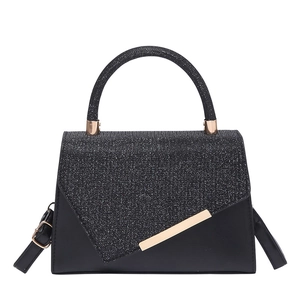 Minimalist black PU leather underarm bag with glitter flap and gold metal trim