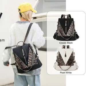 Leopard print patchwork backpack for women in classic black and pearl white colors