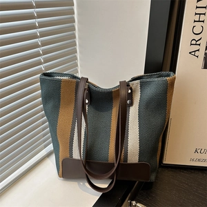 Women Large Capacity Stripe Canvas Tote Bag Retro Contrast Color Weaving Shoulder Bag Casual Commuter Handbag With PU Leather Handles