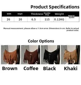 Size chart showing dimensions for a vintage tassel crossbody tote bag with 115cm strap