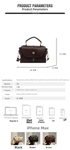 Detail view of brown PU crossbody bag showing dimensions and adjustable strap length