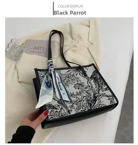 Détail du sac cabas en toile avec imprimé perroquet noir et foulard en soie Paris