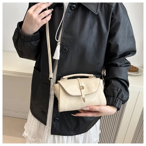 Close-up of a stylish cream mini bag with a metallic buckle and detachable shoulder strap