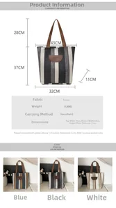 Detailed size chart for striped canvas tote bag showing height width and handle measurements