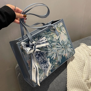 Fourre-tout Jacquard Vintage Français pour Femmes Grande Capacité Sac à Épaule en Nylon Avec Foulard Décoratif Sac à Main Floral