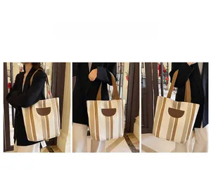 Detailed views of striped canvas tote bag showing shoulder, hand-carry, and crossbody styles