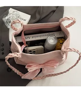 Rosa Shopper-Tasche mit Schleife und großem Stauraum für Bücher und Regenschirm