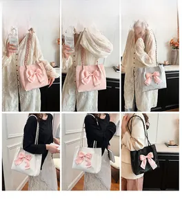 Schicke Tragetasche mit großer Satinschleife in verschiedenen modischen Outfits