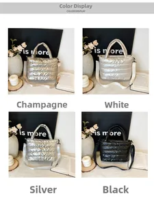 Quilted down cotton handbags in champagne, white, silver, and black color display